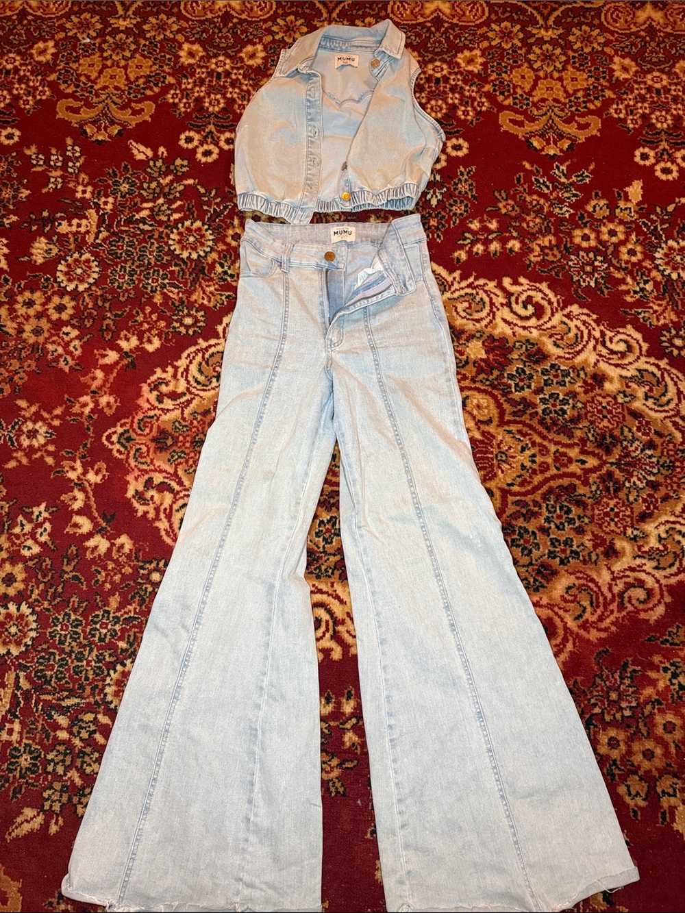 Show me your MUMU Denim Cropped Button-Up Top + High-Waist Flare Jeans Set